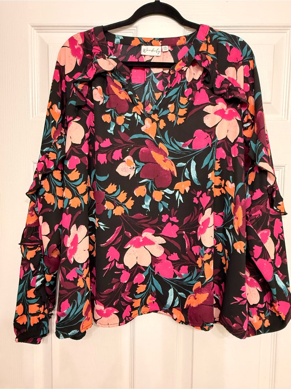 Wonderly Black Floral Ruffle Sleeve Blouse XXL Pink Boho